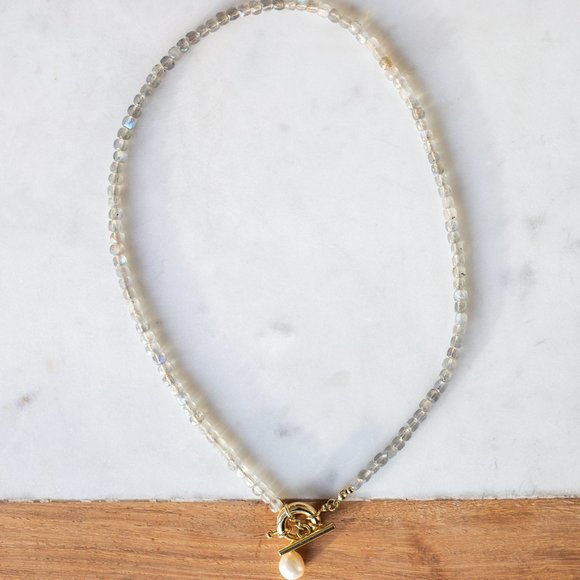 Labradorite Gemstone Necklace Gold Toggle Clasp Removable Pearl beaded gift her - Picture 10 of 11